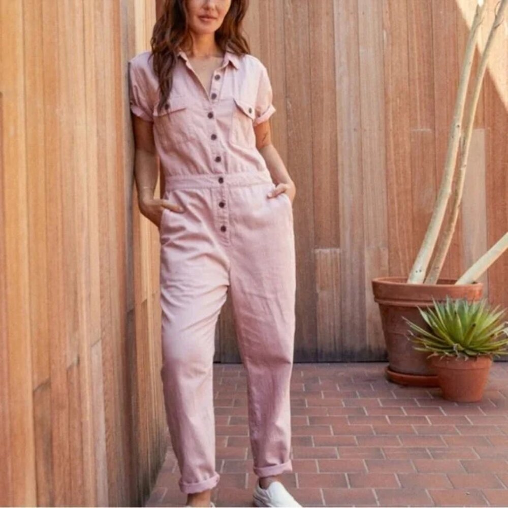 Outerknown SEA Suit Jumpsuit Short Sleeve Button Linen Blend Pink Sz S NWOT B39‎